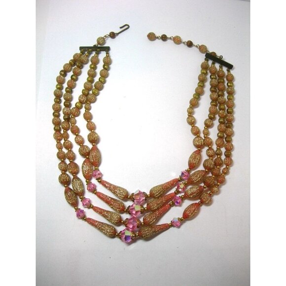 Vintage Multi-Strand Gold & Pink Bead Necklace With Faceted Crystal Accents 17.5 - Picture 2 of 4